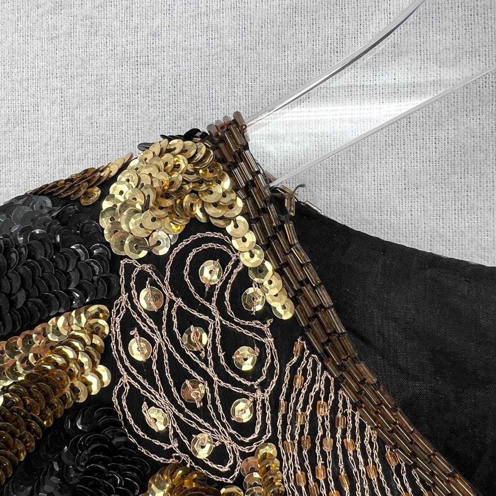 VINTAGE 80s Sequin Top Women Small Black Gold Beaded Silk Party Blouse Disco - Picture 14 of 16